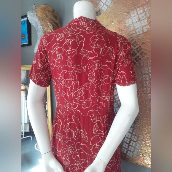 Vintage Eddie Bauer Red Floral Button-Down Midi Dress - Picture 4 of 16